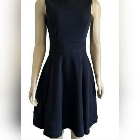 Calvin Klein Fit & Flare Sleeveless Dress Sz 14 Black Stretch, Sheer Stripe Hem - Picture 4 of 6